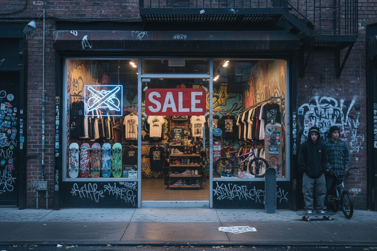 Ein 'Sale" Schild haengt an einem Skater?BMX Streetwear Shop an der Tuer.